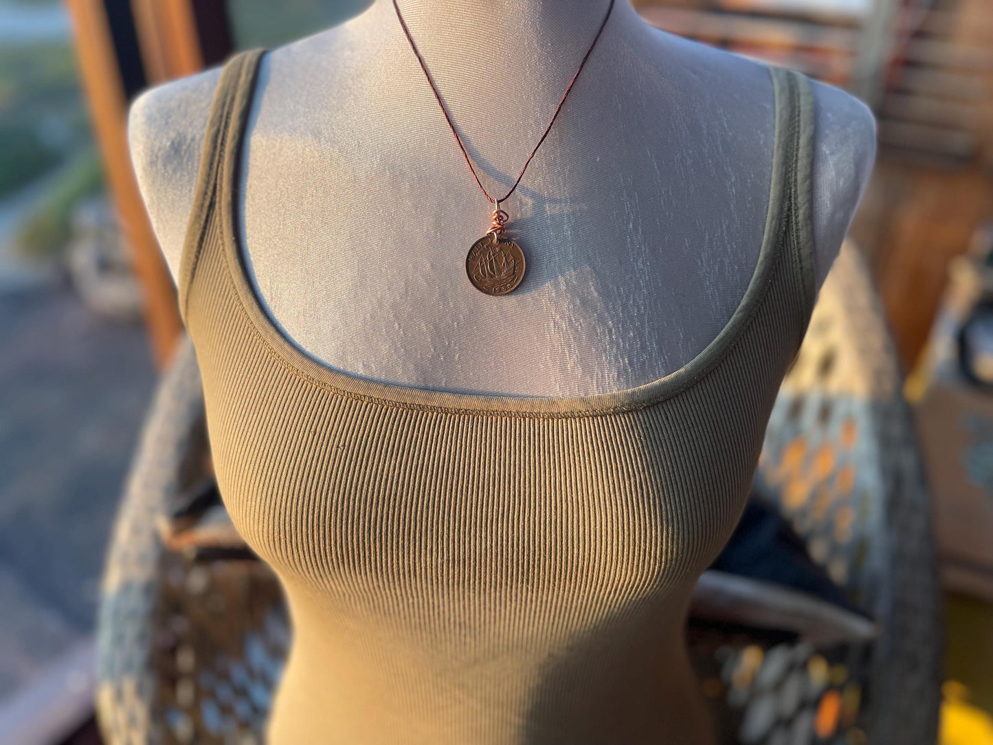 Half penny necklace on a recycled copper and hemp. Eco friendly jewellery. Unique necklace. Halfpenny necklace, halfpenny pendant.
