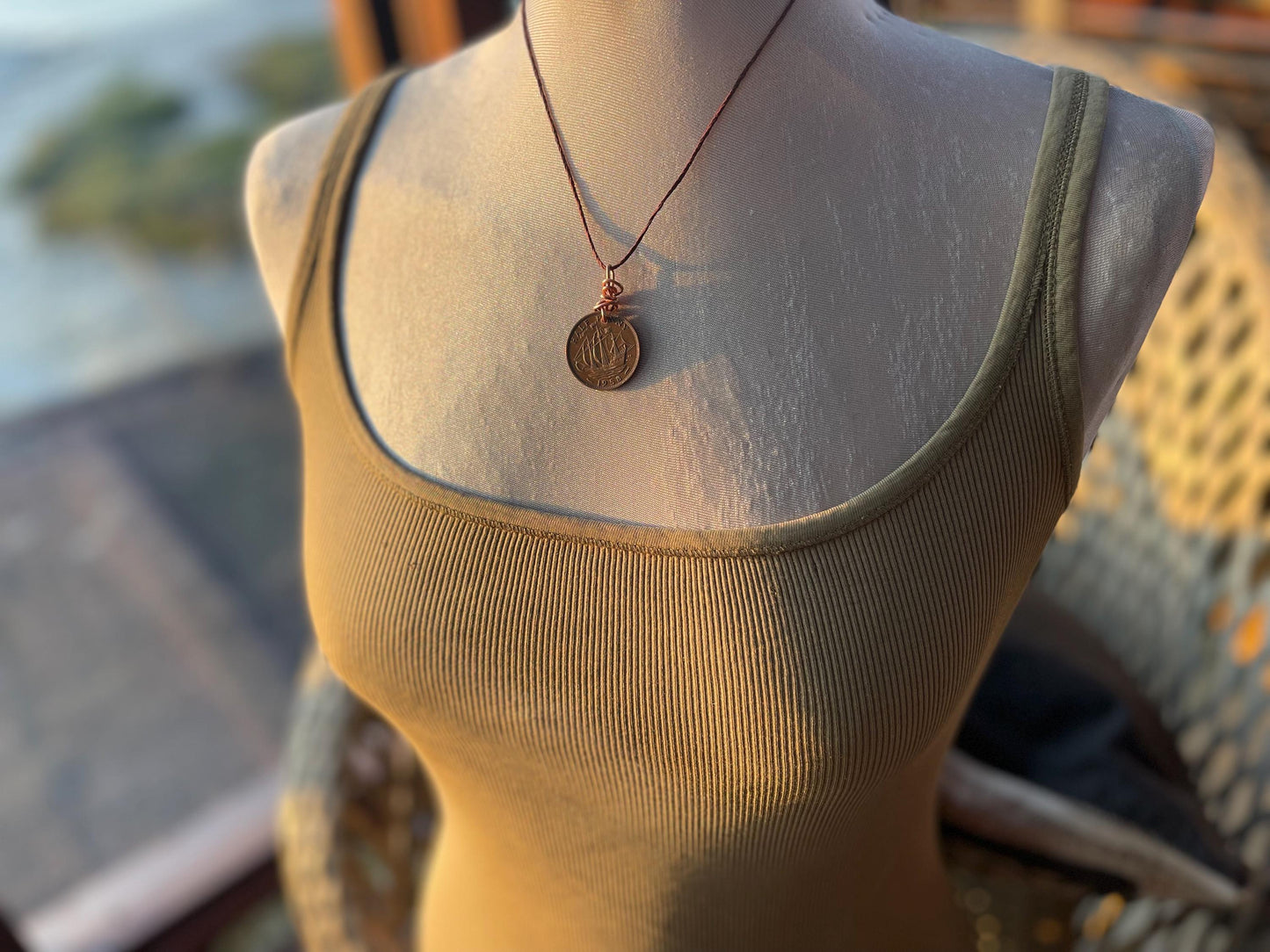 Half penny necklace on a recycled copper and hemp. Eco friendly jewellery. Unique necklace. Halfpenny necklace, halfpenny pendant.