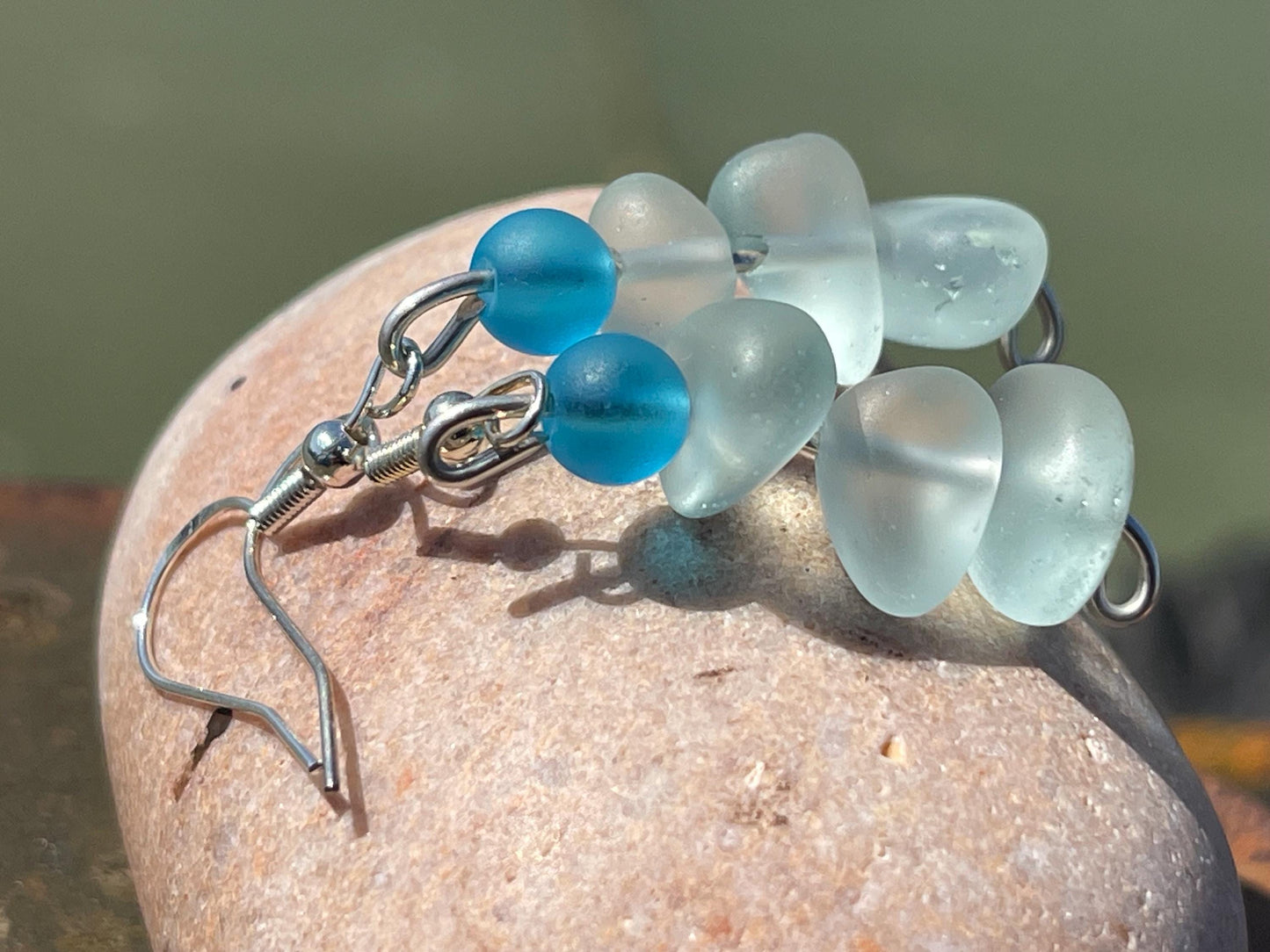 Handmade aqua sea glass earrings. Recycled earrings, Unique earrings, sea glass jewellery. Handmade gift for her. ethical jewellery