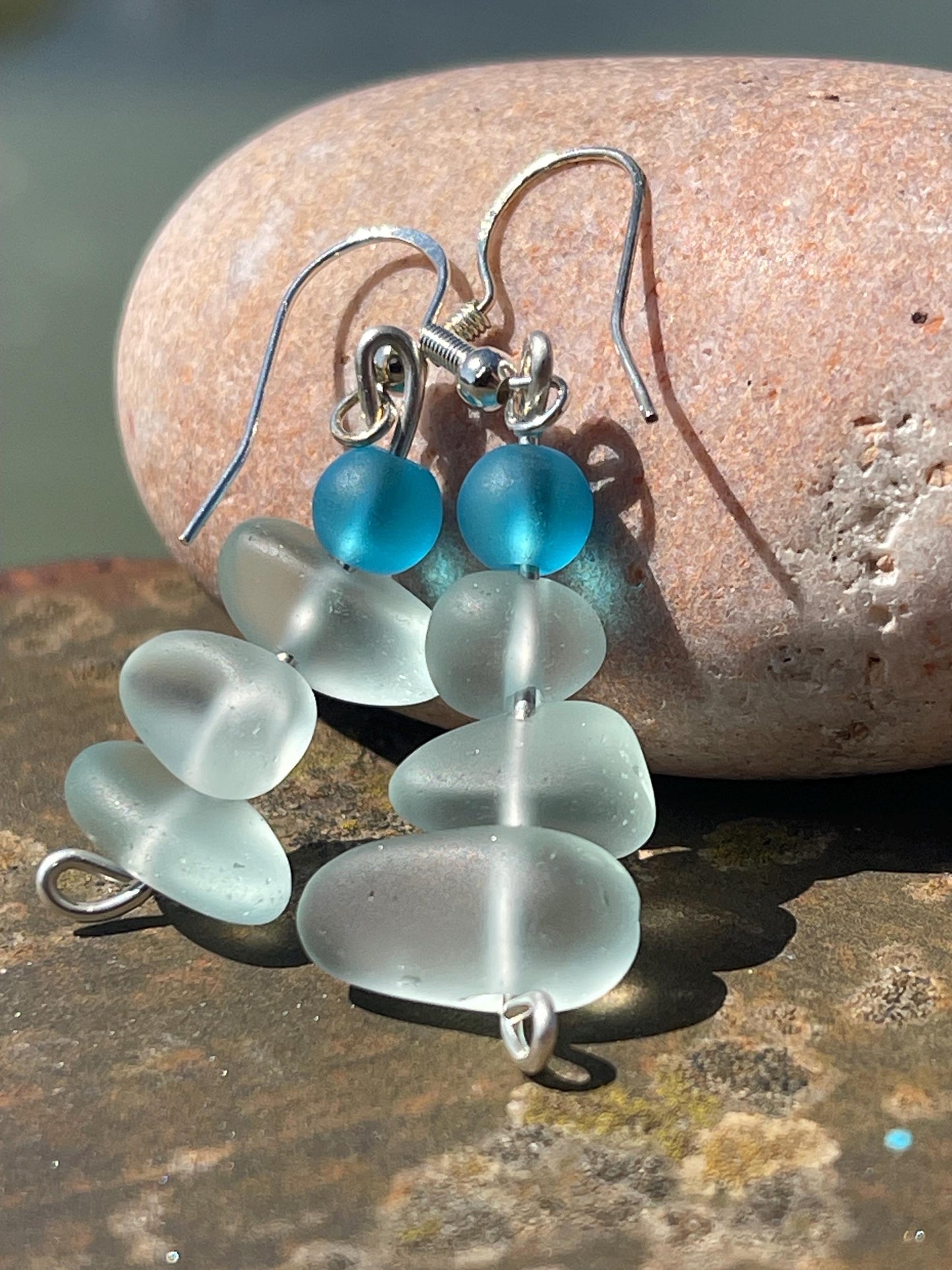 Handmade aqua sea glass earrings. Recycled earrings, Unique earrings, sea glass jewellery. Handmade gift for her. ethical jewellery