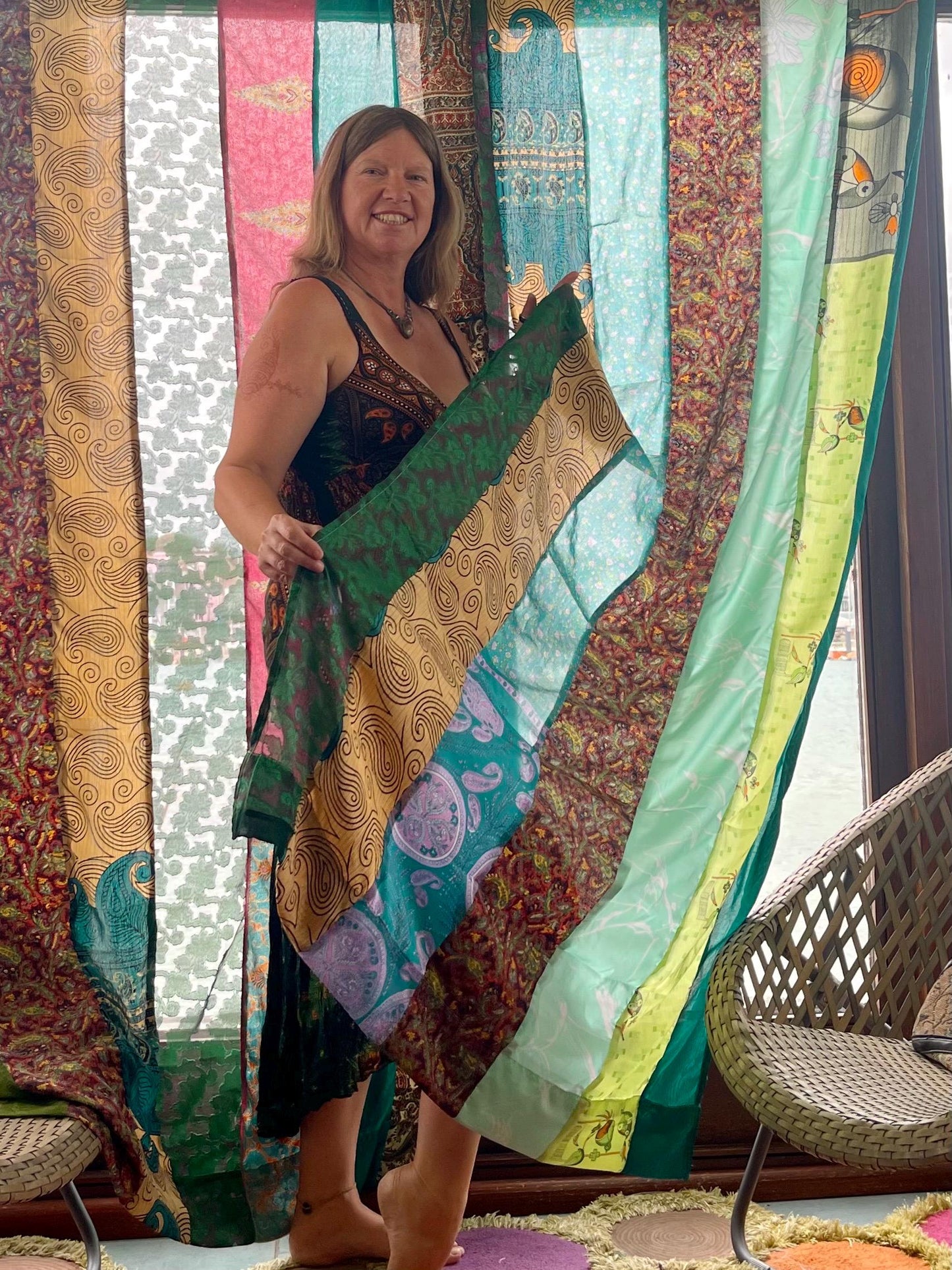 2 Handmade multicoloired & green curtains, Recycled Vintage Curtains, Ethical Furnishings, Unique Home decor, eco friendly curtains