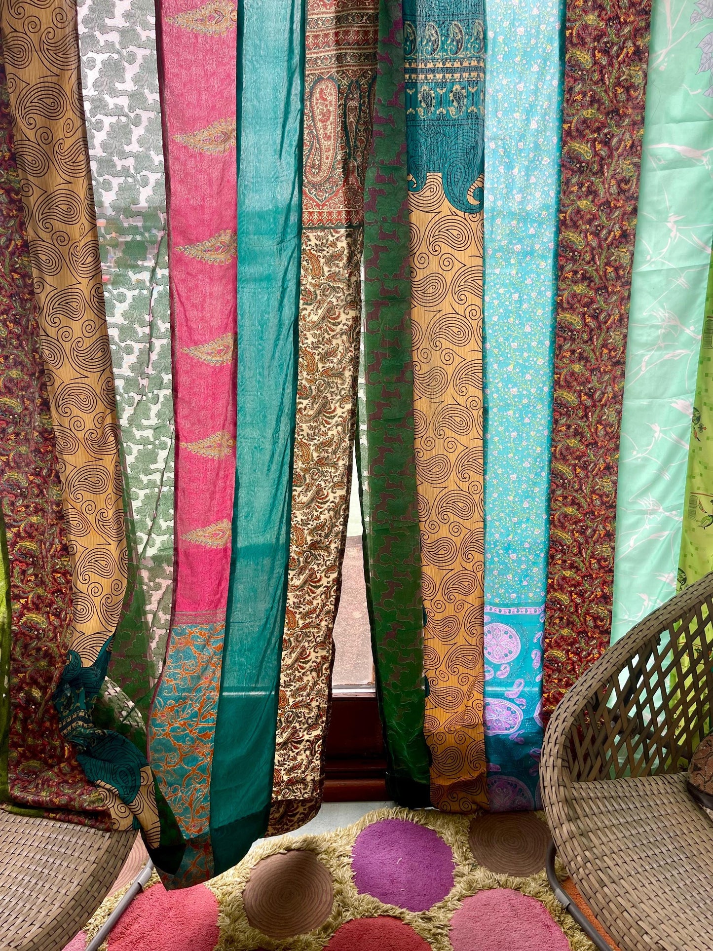 2 Handmade multicoloired & green curtains, Recycled Vintage Curtains, Ethical Furnishings, Unique Home decor, eco friendly curtains