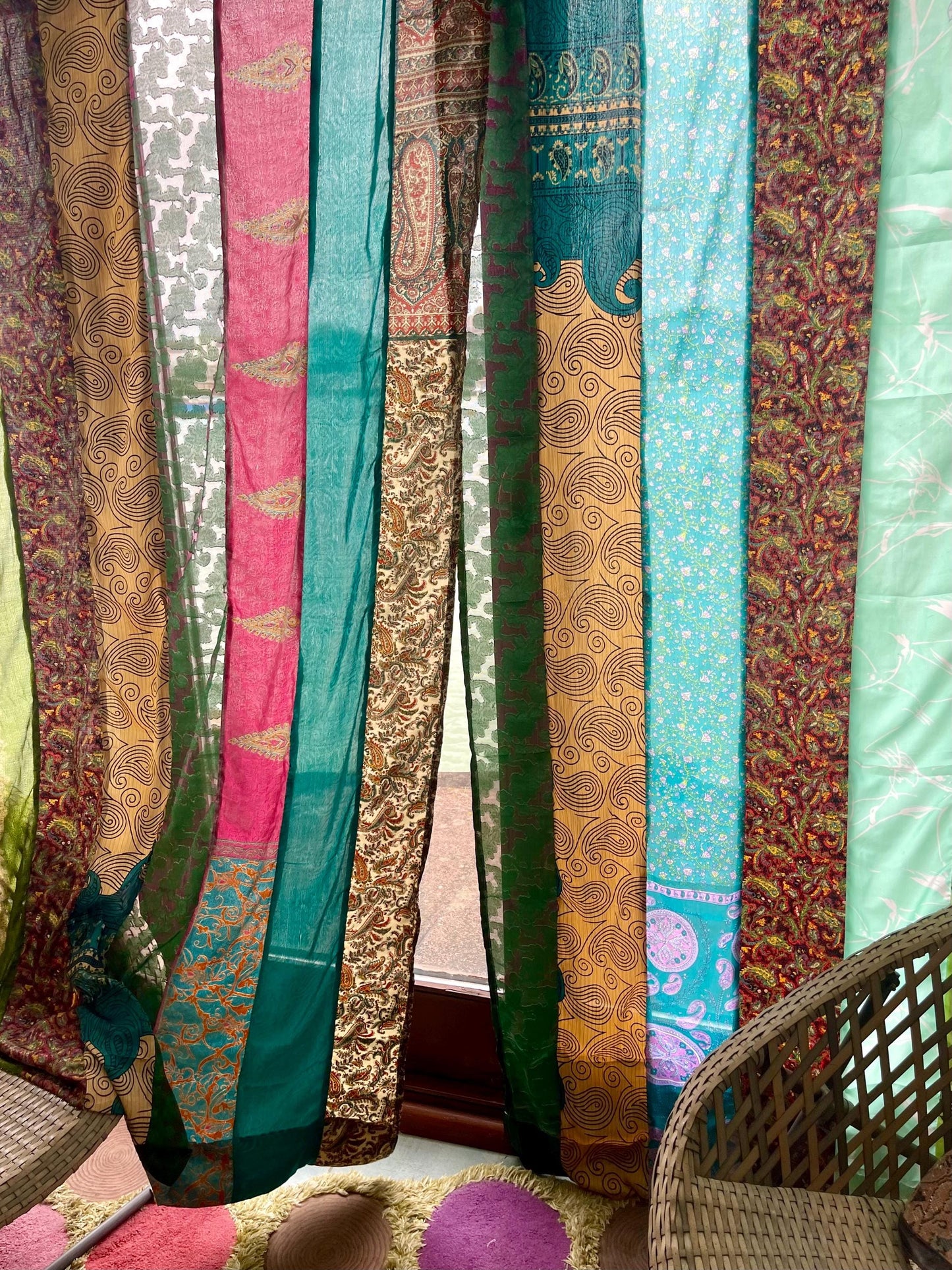 2 Handmade multicoloired & green curtains, Recycled Vintage Curtains, Ethical Furnishings, Unique Home decor, eco friendly curtains