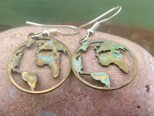 Handmade world earrings. Rustic earrings, unusual earrings, unusual gift for her, blue earrings, boho earrings, hippy gift. Earth earrings