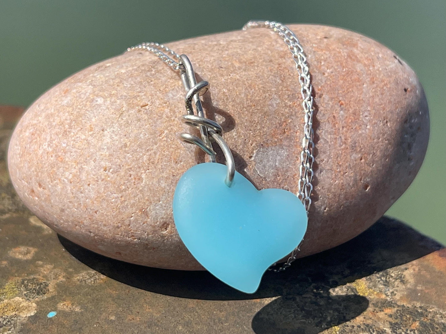 Sea glass heart necklace. Recycled necklace, gift for him. Ethical jewellery. Sea glass pendant. Eco friendly necklace, boho surf jewellery