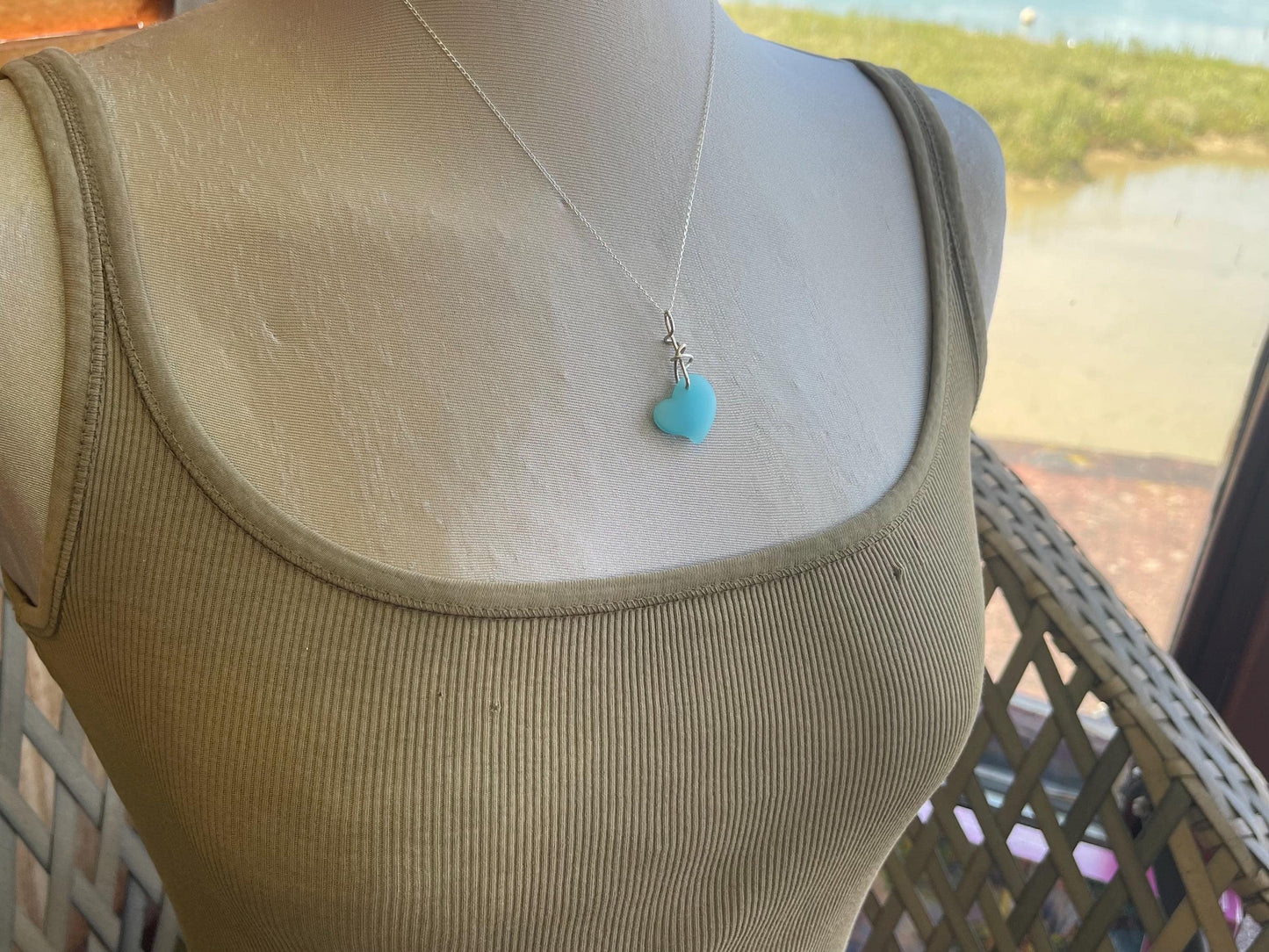 Sea glass heart necklace. Recycled necklace, gift for him. Ethical jewellery. Sea glass pendant. Eco friendly necklace, boho surf jewellery