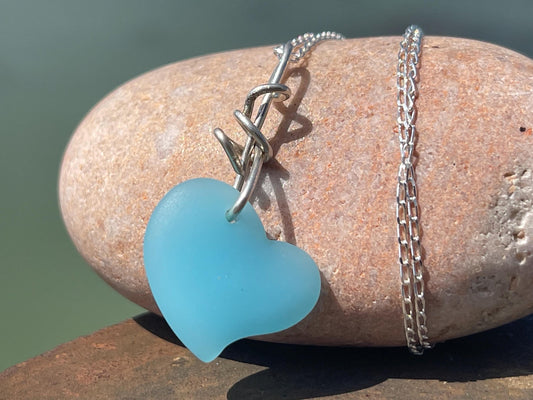 Sea glass heart necklace. Recycled necklace, gift for him. Ethical jewellery. Sea glass pendant. Eco friendly necklace, boho surf jewellery