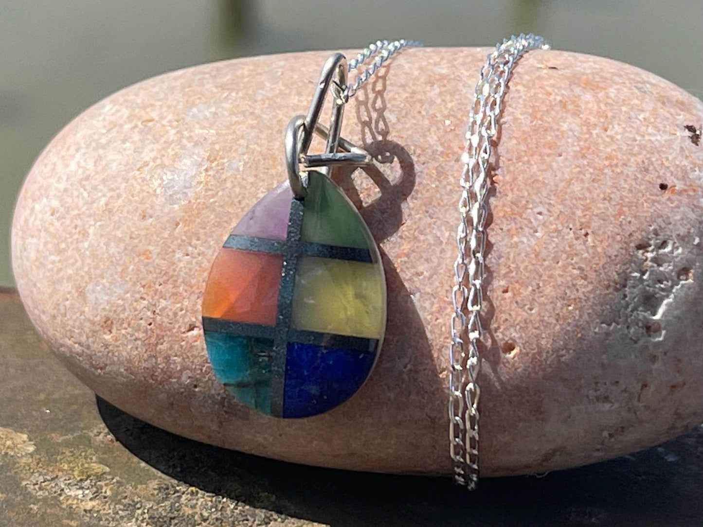 Fused gemstone necklace on recycled sterling silver. Ethical jewellery, lStunning unique jewellery. Unusual pendants.