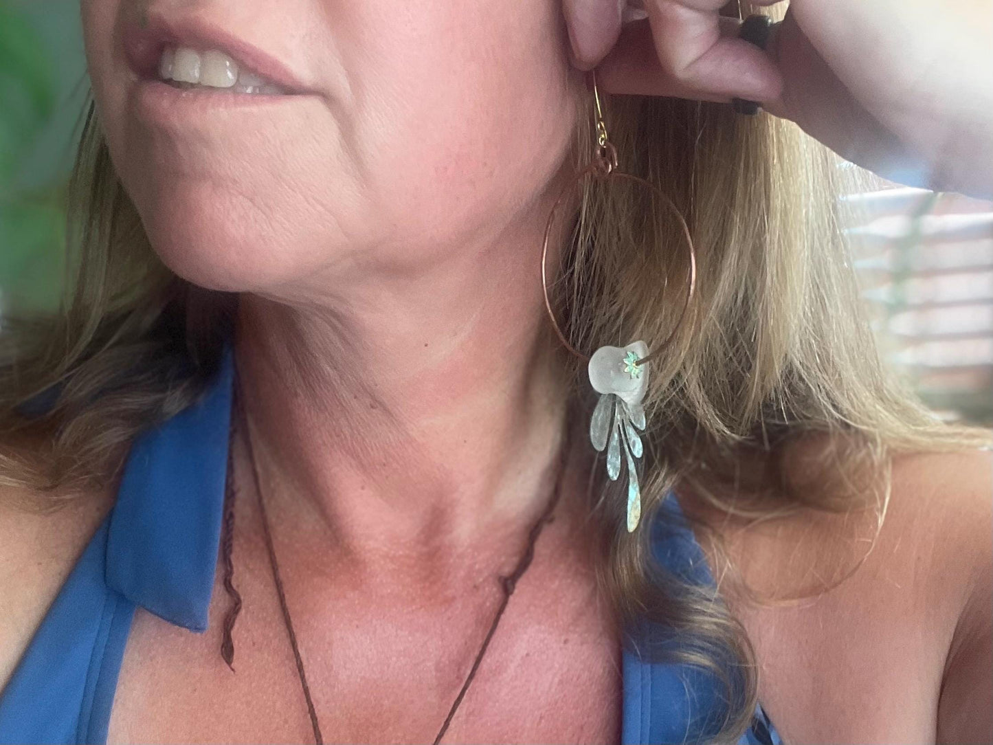 Eco friendly large sea glass & recycled copper earrings. Unique earrings, ethical jewellery, unusual boho jewellery, eco friendly jewellery.