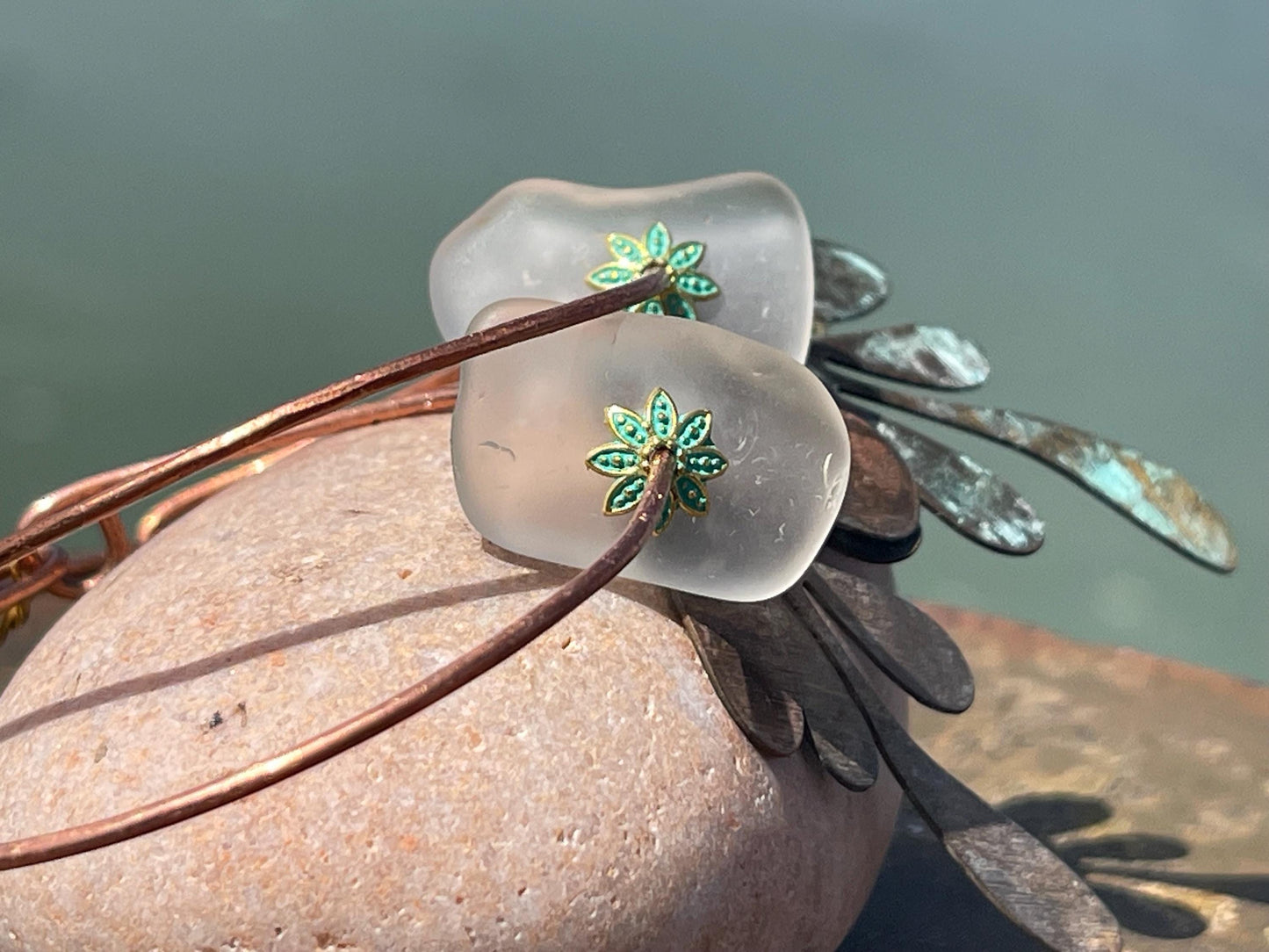 Eco friendly large sea glass & recycled copper earrings. Unique earrings, ethical jewellery, unusual boho jewellery, eco friendly jewellery.