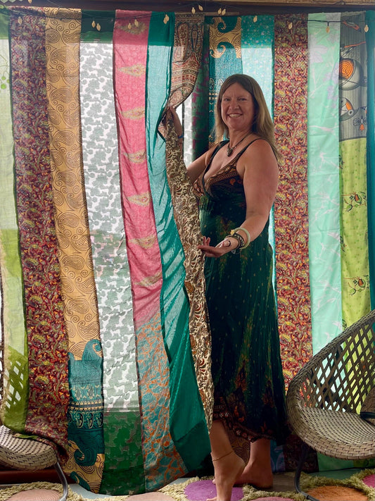 2 Handmade multicoloired & green curtains, Recycled Vintage Curtains, Ethical Furnishings, Unique Home decor, eco friendly curtains