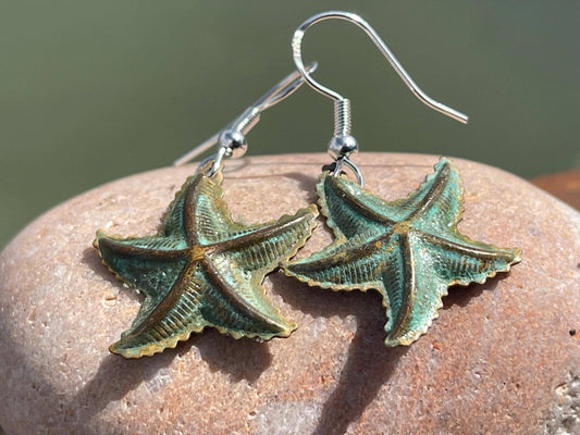 Handmade starfish earrings. Rustic earrings, unusual earrings, unusual gift for her, blue earrings, boho earrings, hippy gift. Beach earring