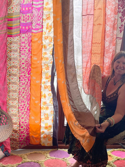 2 Handmade multicoloired & orange curtains, Recycled Vintage Curtains, Ethical Furnishings, Unique Home decor, eco friendly curtains