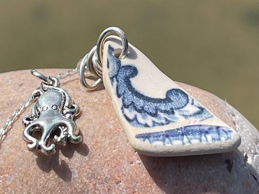 Eco friendly sea ceramic necklace on a recycled sterling silver chain showcasing a little octopus pendant, octopus necklace, eco jewellery