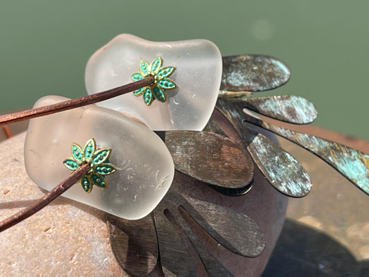 Eco friendly large sea glass & recycled copper earrings. Unique earrings, ethical jewellery, unusual boho jewellery, eco friendly jewellery.