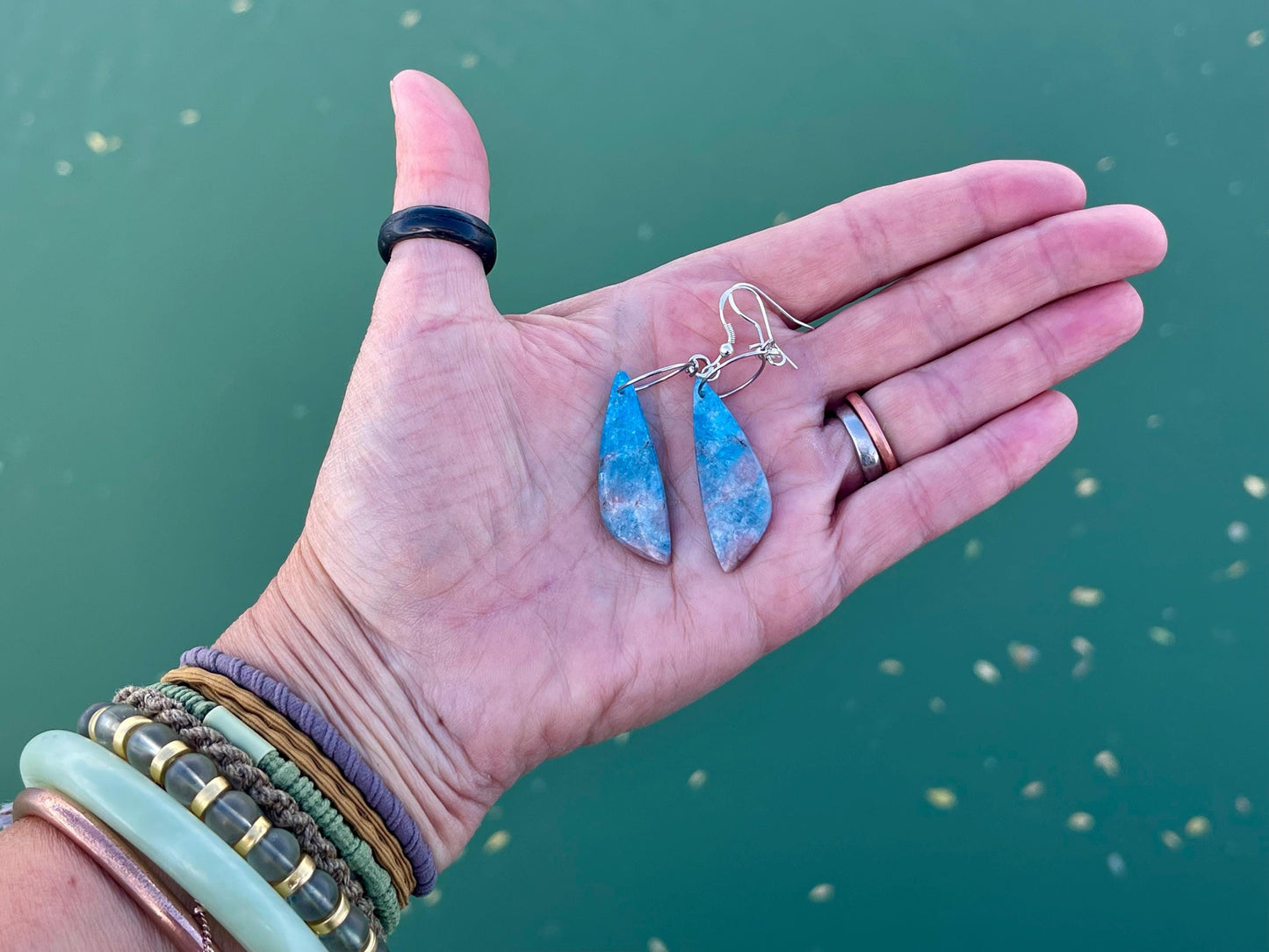 Apatite gemstone earrings on recycled sterling silver. Handmade ethical jewellery. Handmade in Sussex.