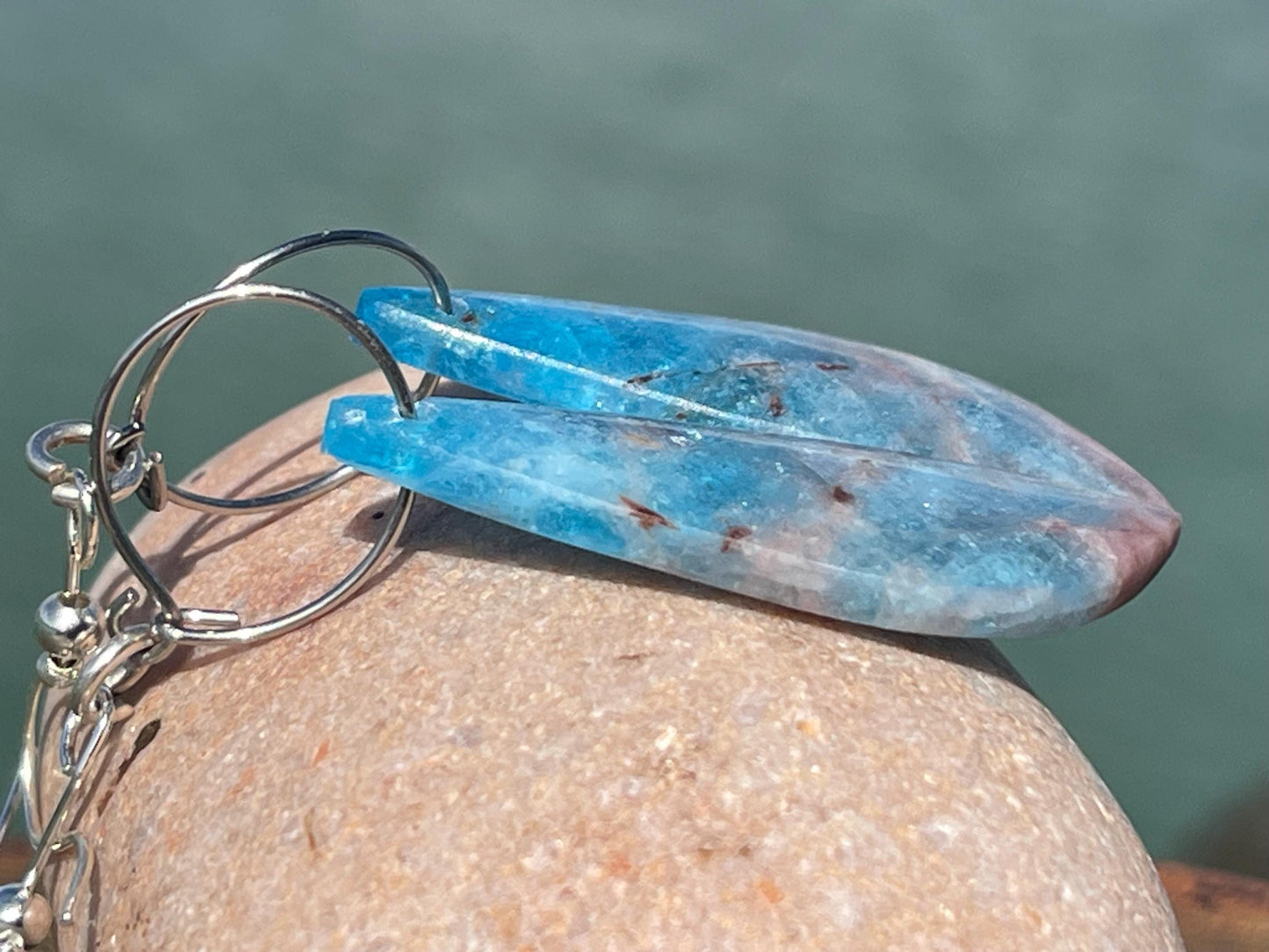Apatite gemstone earrings on recycled sterling silver. Handmade ethical jewellery. Handmade in Sussex.