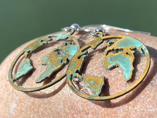 Handmade world earrings. Rustic earrings, unusual earrings, unusual gift for her, blue earrings, boho earrings, hippy gift. Earth earrings