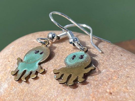 Handmade octopus earrings. Rustic earrings, unusual earrings, unusual gift for her, small blue earrings, boho earrings. Seaside.