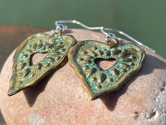 Handmade heart earrings. Rustic earrings, unusual earrings, unusual gift for her, blue earrings, boho earrings, heart jewellery, hippy gift