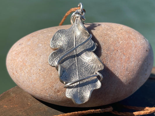Oak leaf necklace wrapped in recycled sterling silver. Boho gift for her, boho necklace, silver leaf pendant. Silver jewellery.