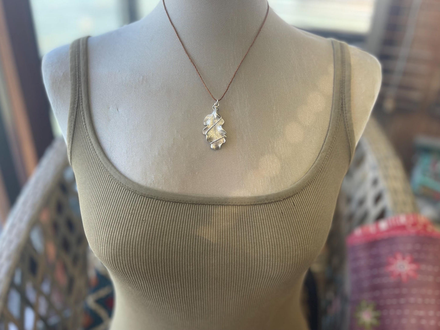 Oak leaf necklace wrapped in recycled sterling silver. Boho gift for her, boho necklace, silver leaf pendant. Silver jewellery.