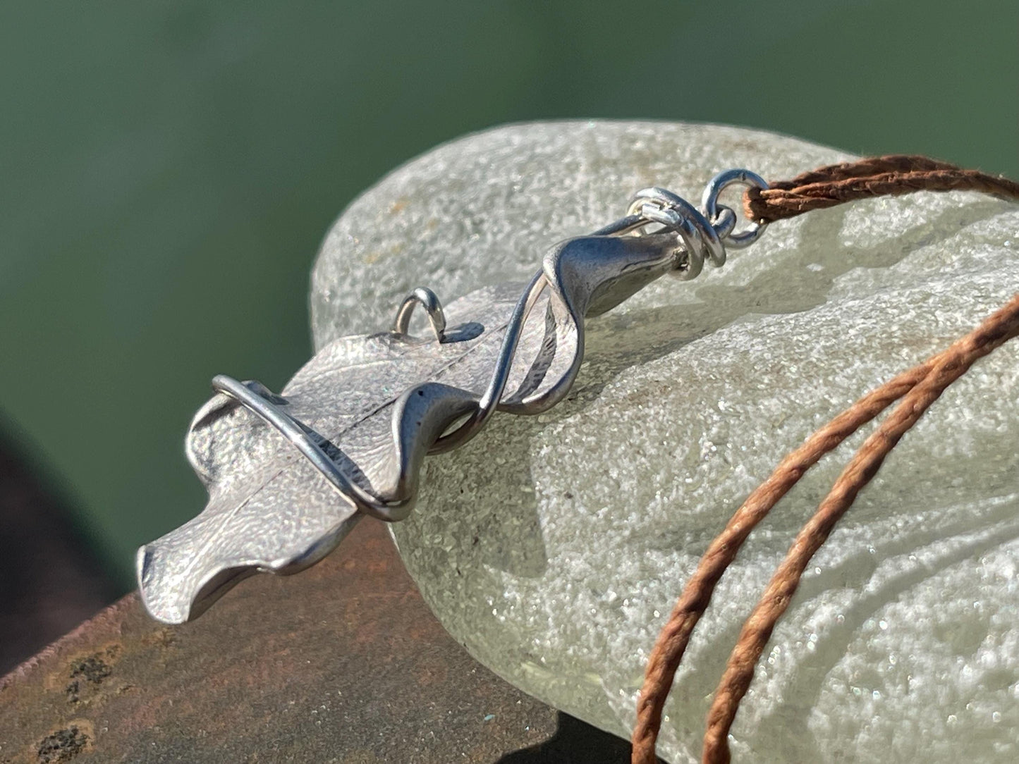 Oak leaf necklace wrapped in recycled sterling silver. Boho gift for her, boho necklace, silver leaf pendant. Silver jewellery.