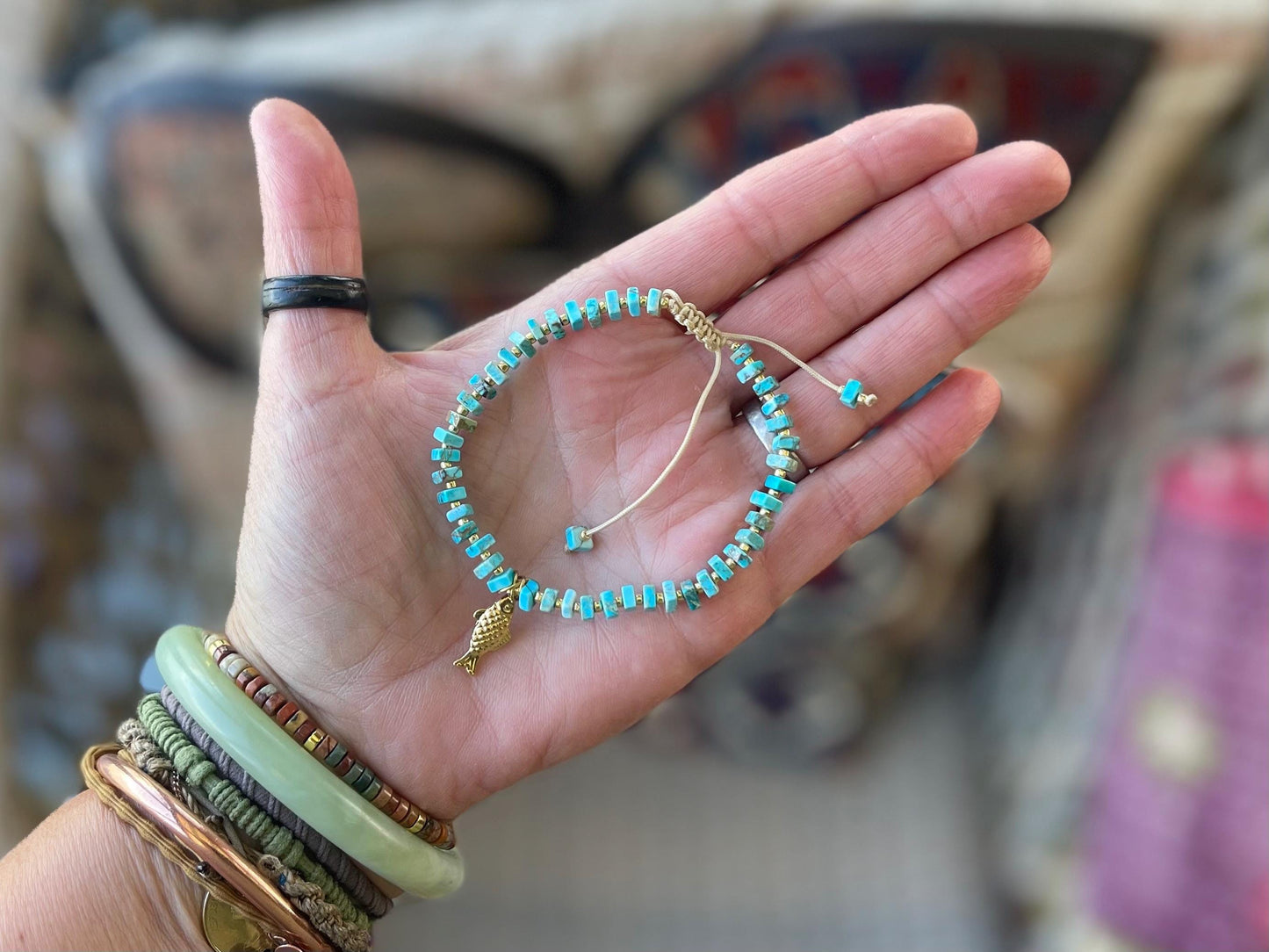Adjustable gold and blue jasper gemstone bracelet, handmade gift for him or her. Ethical jewellery, handmade unique jewellery.