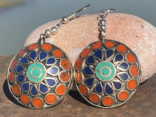 Vintage earrings, red and blue circular earrings. Eco friendly jewellery. Ethical jewellery.