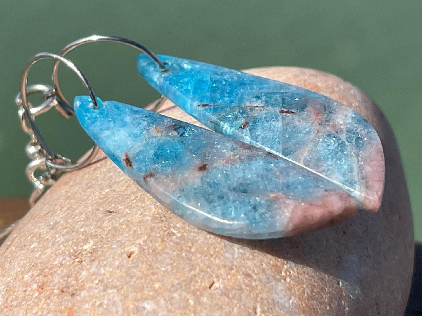 Apatite gemstone earrings on recycled sterling silver. Handmade ethical jewellery. Handmade in Sussex.