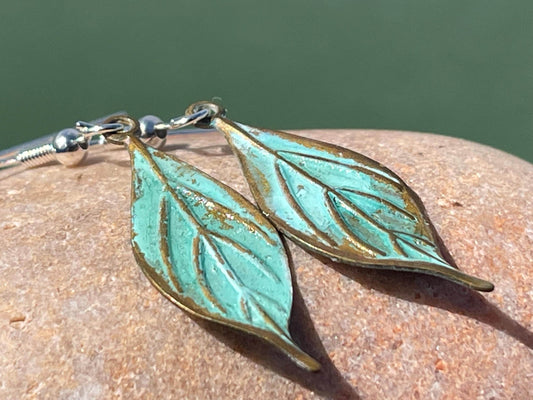 Handmade leaf earrings. Rustic earrings, unusual earrings, unusual gift for her, blue earrings, boho earrings, unusual jewellery, hippy gift