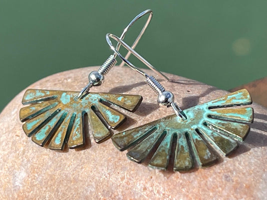 Handmade fan earrings. Rustic earrings, unusual earrings, unusual gift for her, blue earrings, boho earrings, unusual jewellery, hippy gift