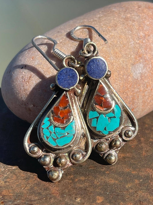 Vintage turquoise & lapis earrings, turquoise jewellery, ethical jewellery, gypsy earrings. Eco friendly jewellery. Ethical jewellery.