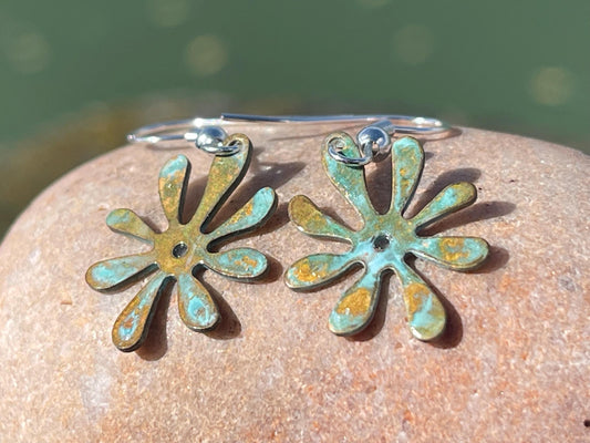 Handmade flower earrings. Rustic earrings, unusual earrings, unusual gift for her, blue earrings, boho earrings, boho jewellery, hippy gift