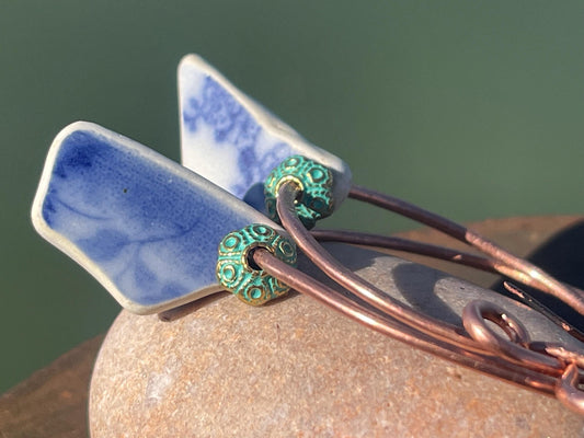 Eco friendly blue ceramic and recycled copper earrings. Unique earrings, ethical jewellery, unusual boho jewellery, eco friendly jewellery.