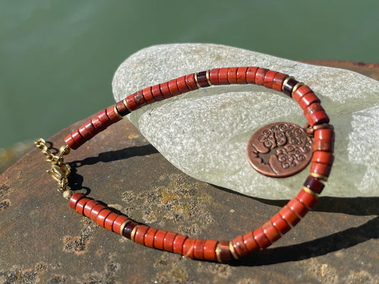 Adjustable gold and red jasper gemstone bracelet, handmade gift for him or her. Ethical jewellery, unique jewellery. Tree of life bracelet.