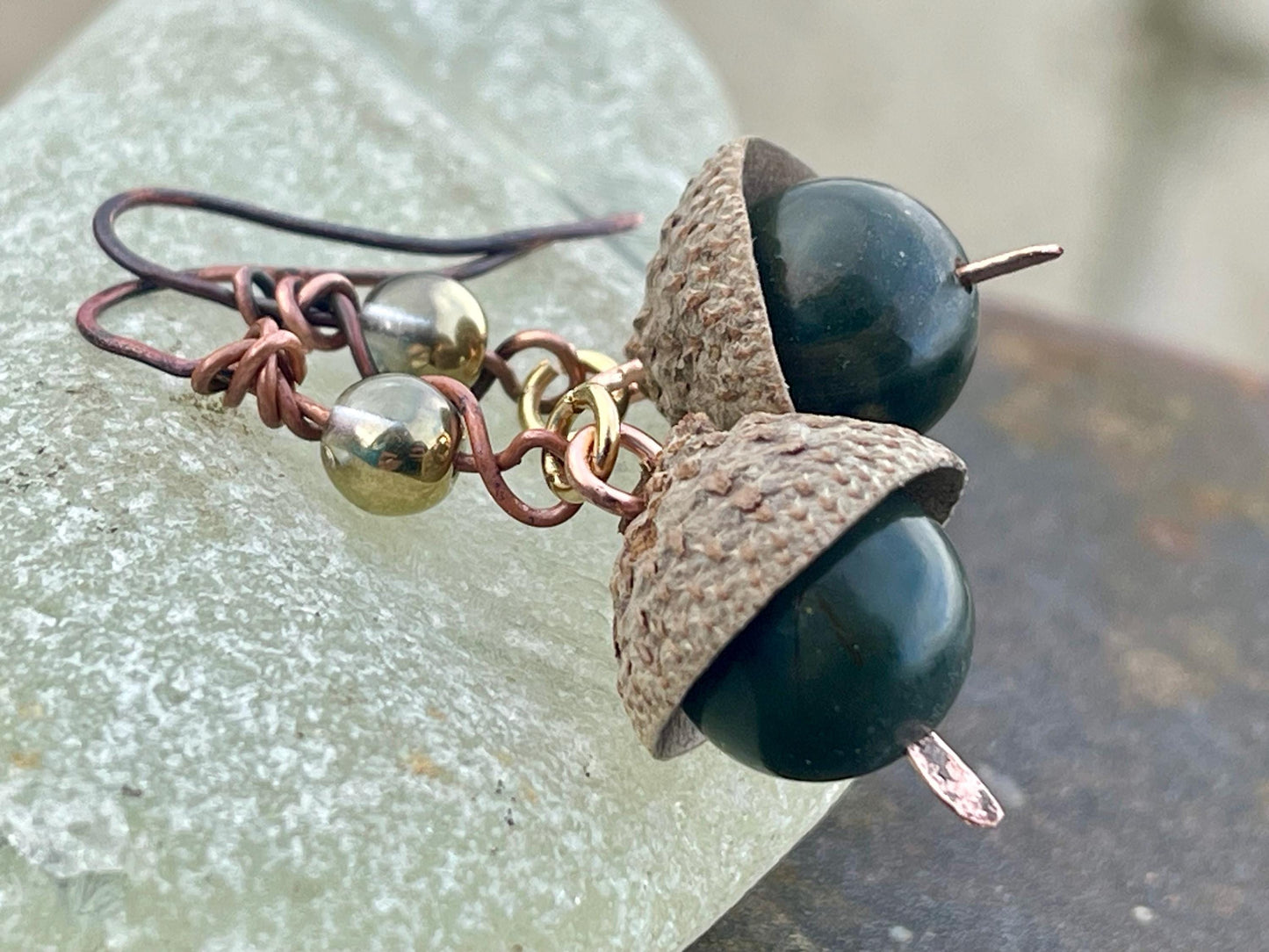 Handmade acorn earrings. Gift for gardener, made from real acorns, recycled copper and vintage beads. Eco friendly jewellery. Ethically made
