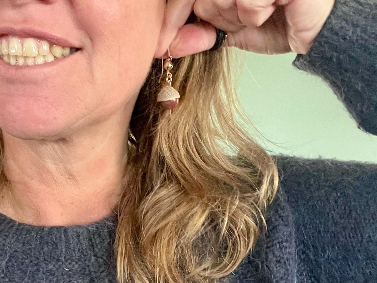 Handmade acorn earrings. Gift for gardener, made from real acorns, recycled copper and vintage beads. Eco friendly jewellery. Ethically made