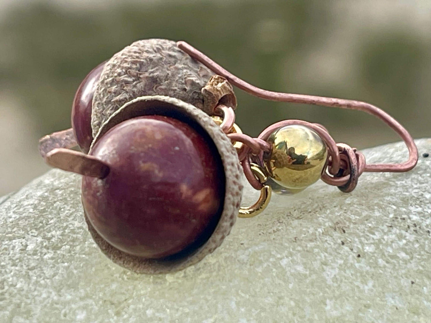 Handmade acorn earrings. Gift for gardener, made from real acorns, recycled copper and vintage beads. Eco friendly jewellery. Ethically made