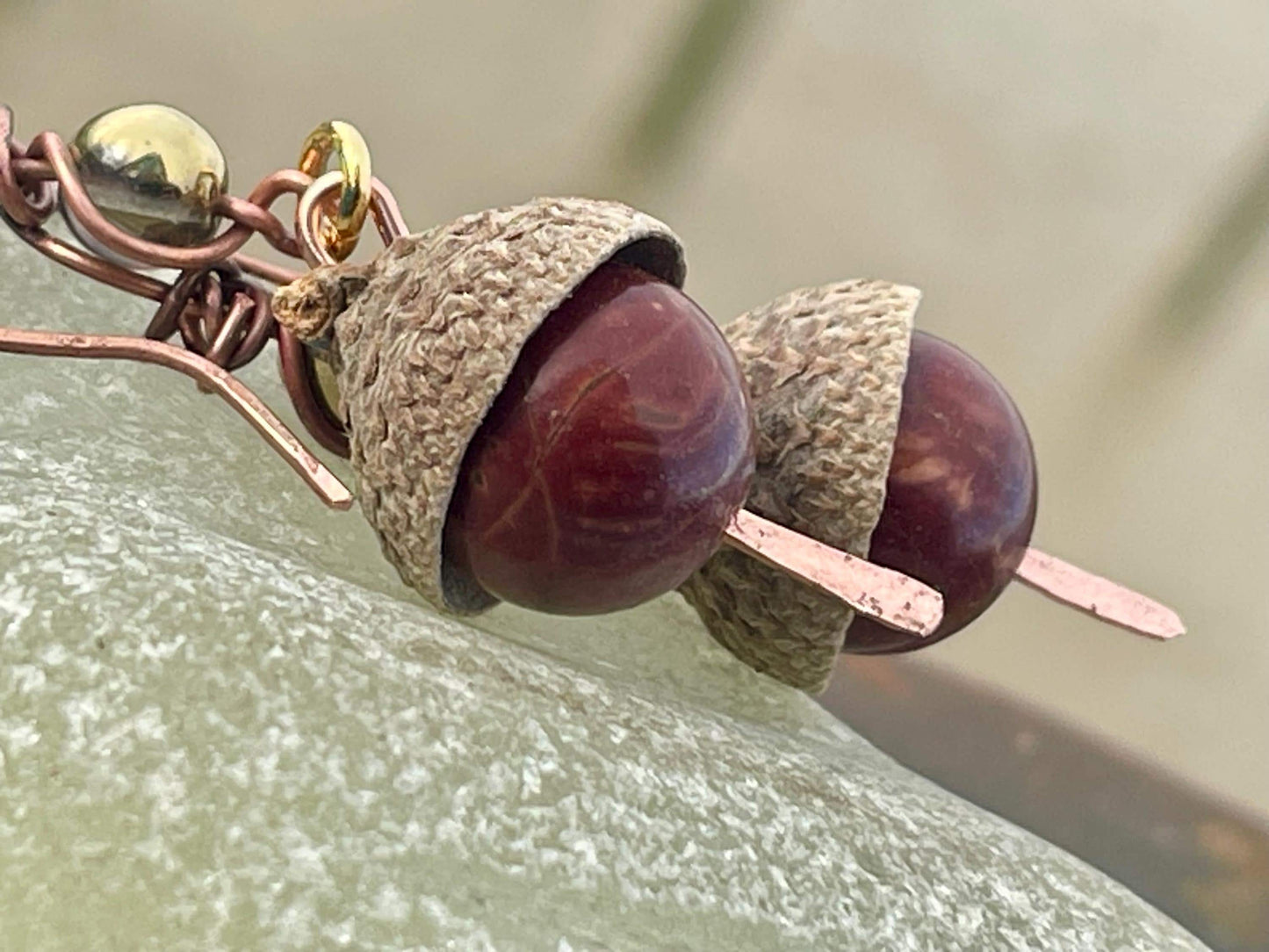 Handmade acorn earrings. Gift for gardener, made from real acorns, recycled copper and vintage beads. Eco friendly jewellery. Ethically made