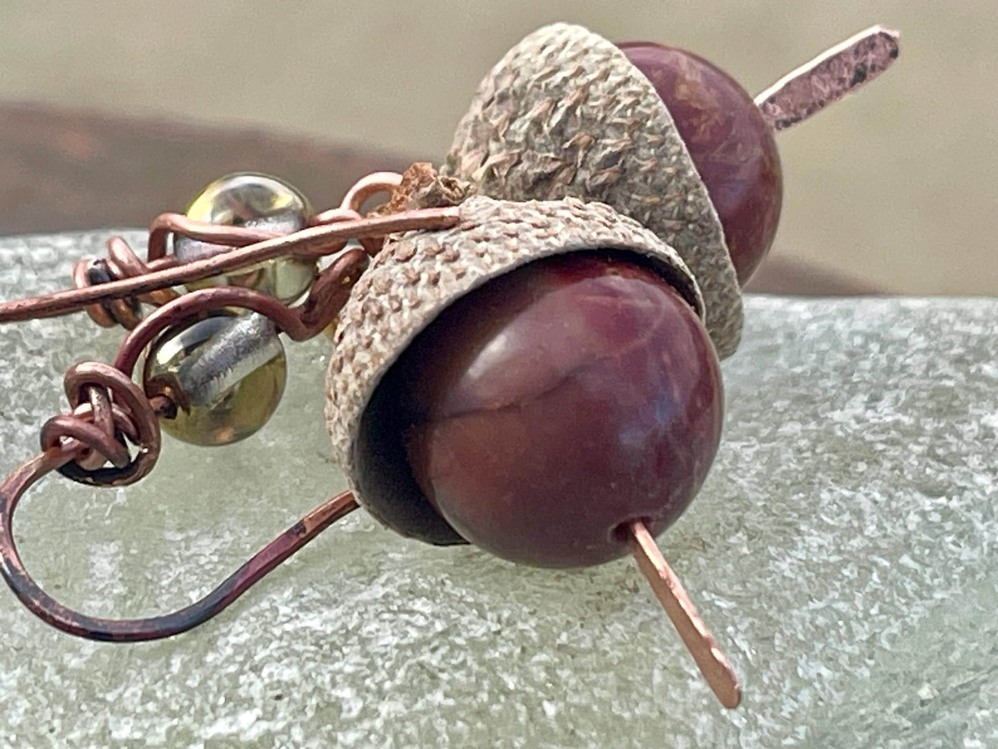 Handmade acorn earrings. Gift for gardener, made from real acorns, recycled copper and vintage beads. Eco friendly jewellery. Ethically made