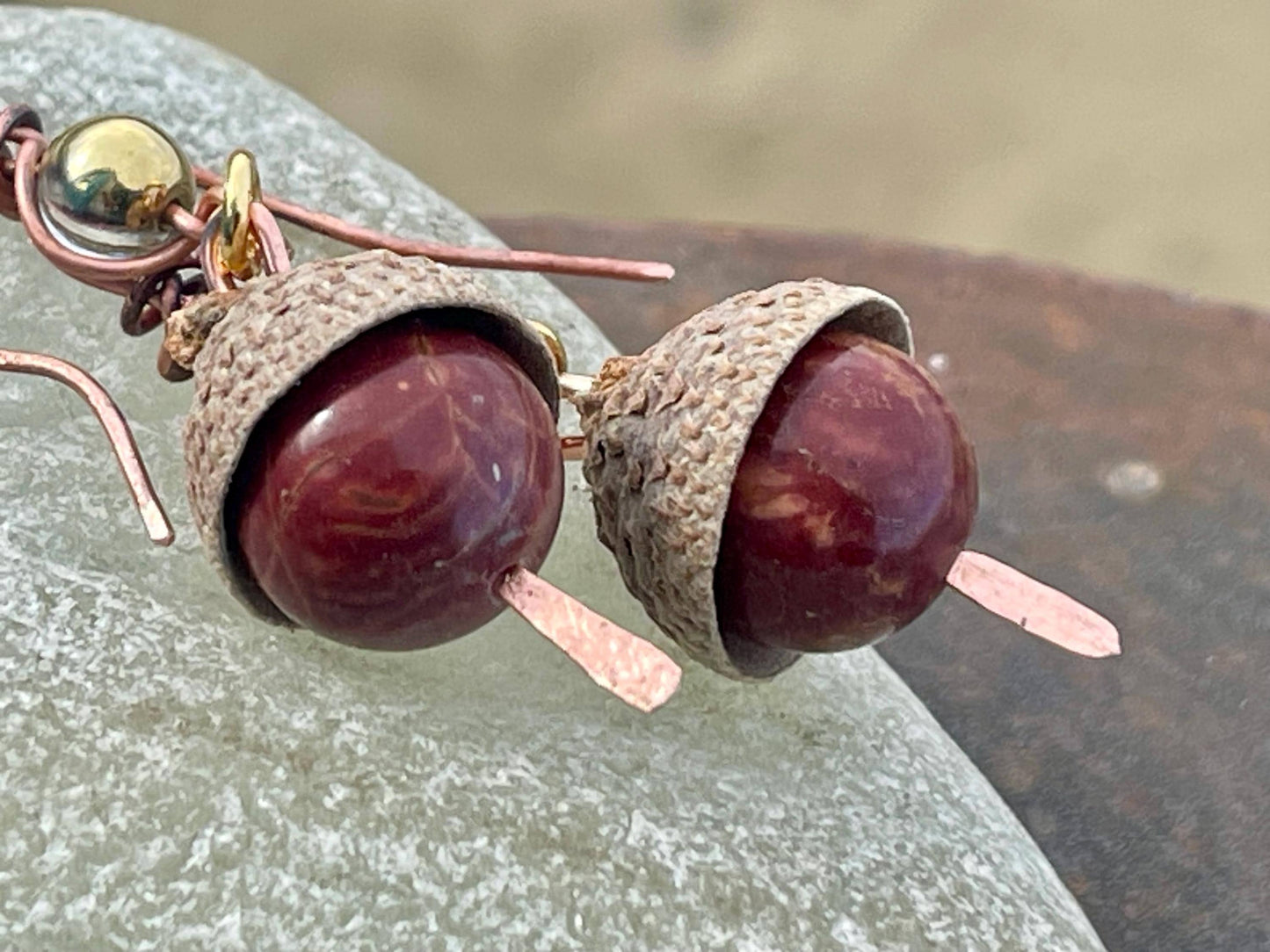 Handmade acorn earrings. Gift for gardener, made from real acorns, recycled copper and vintage beads. Eco friendly jewellery. Ethically made