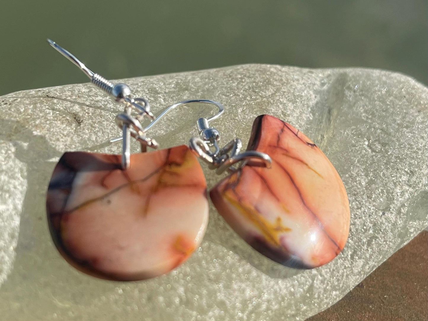 Mookaite jasper gemstone earrings. Ethical jewellery, orange gemstone earrings. Stunning unique jewellery. Unique gifts. Unique earrings.