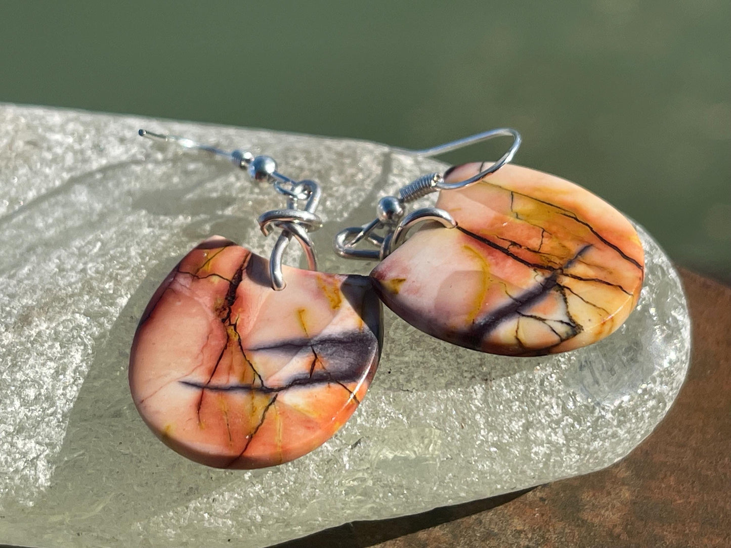 Mookaite jasper gemstone earrings. Ethical jewellery, orange gemstone earrings. Stunning unique jewellery. Unique gifts. Unique earrings.