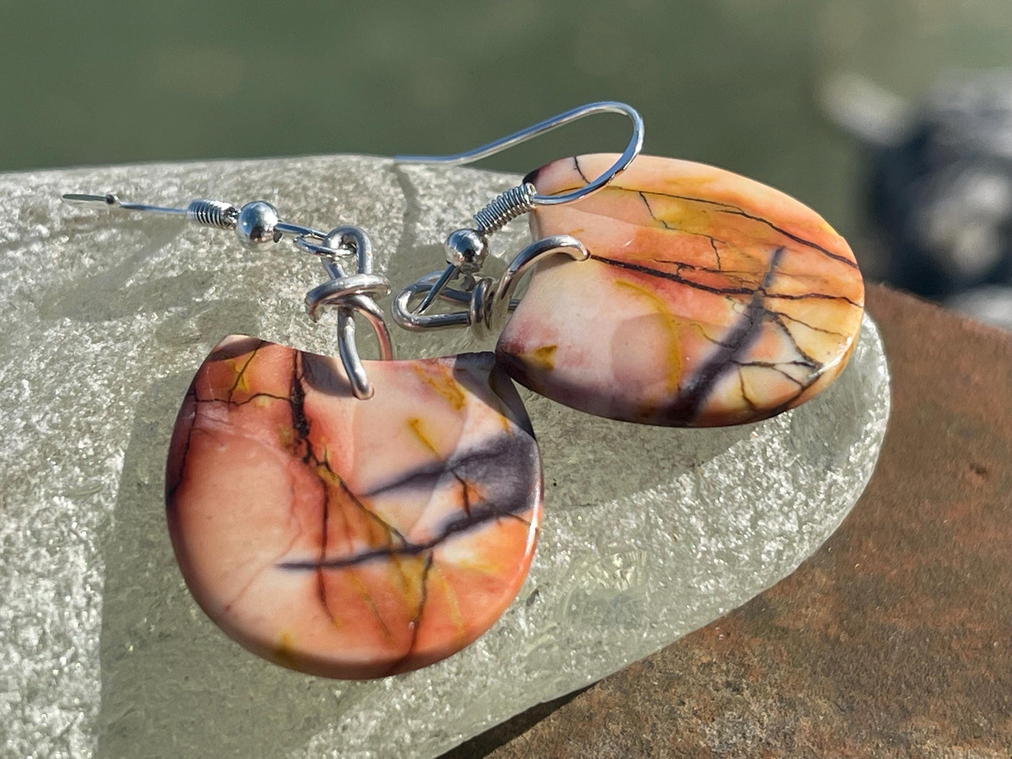 Mookaite jasper gemstone earrings. Ethical jewellery, orange gemstone earrings. Stunning unique jewellery. Unique gifts. Unique earrings.