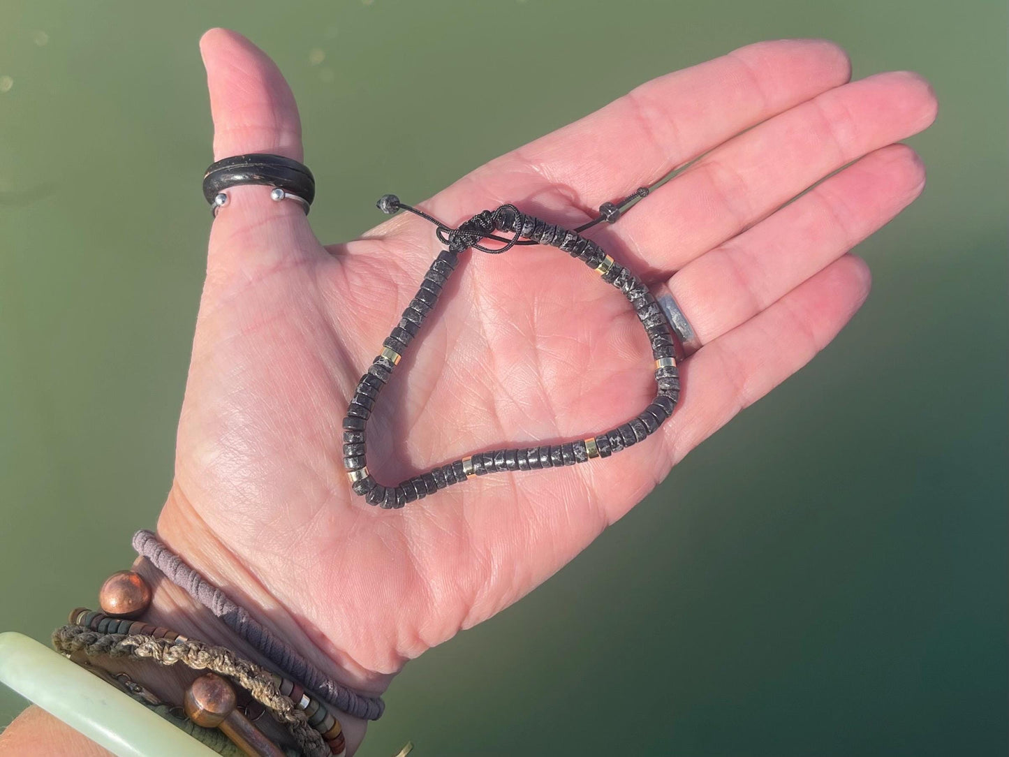 Adjustable black jasper gemstone bracelet, handmade gift for him or her. Ethical jewellery, handmade unique jewellery.