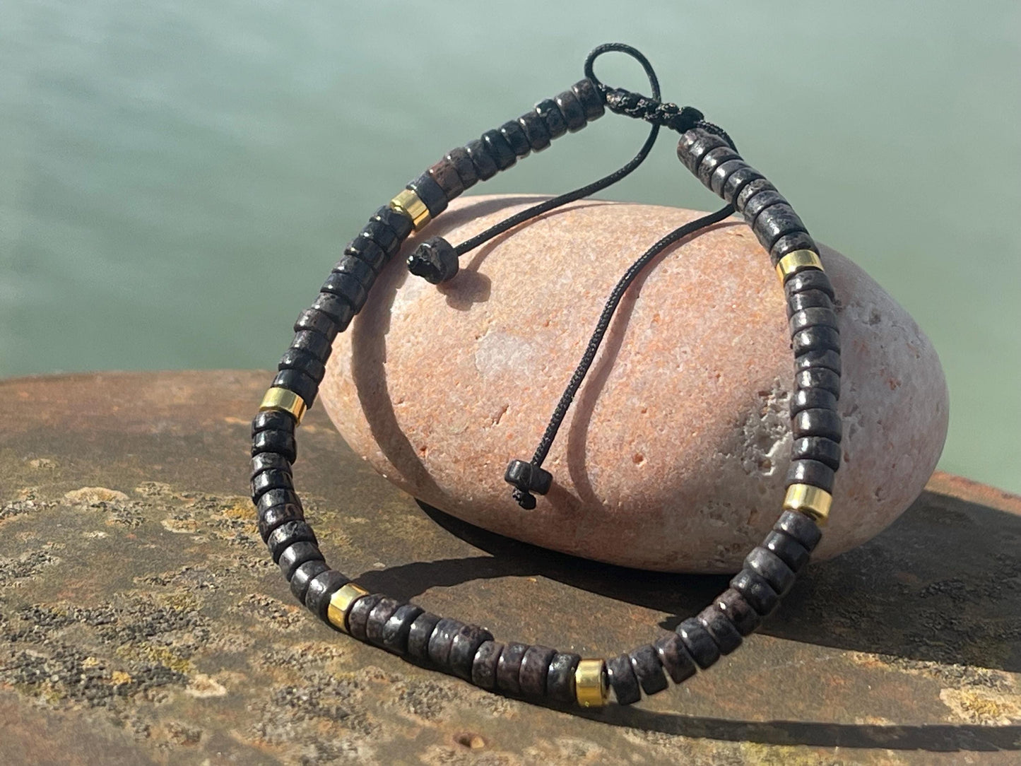 Adjustable black jasper gemstone bracelet, handmade gift for him or her. Ethical jewellery, handmade unique jewellery.