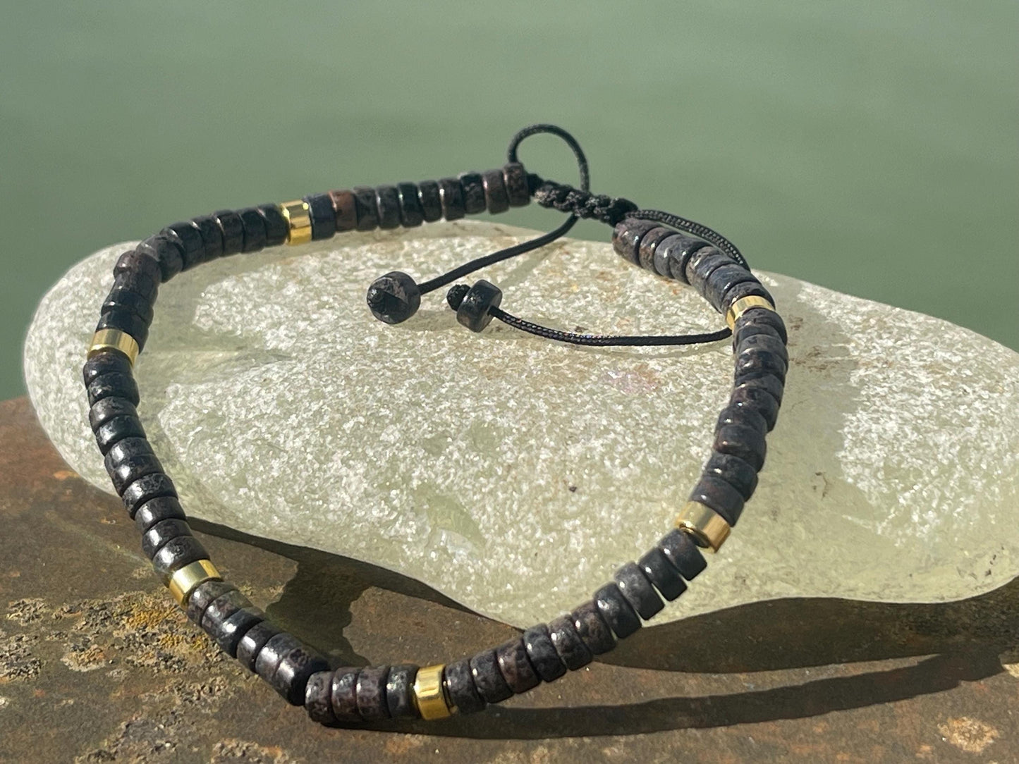 Adjustable black jasper gemstone bracelet, handmade gift for him or her. Ethical jewellery, handmade unique jewellery.