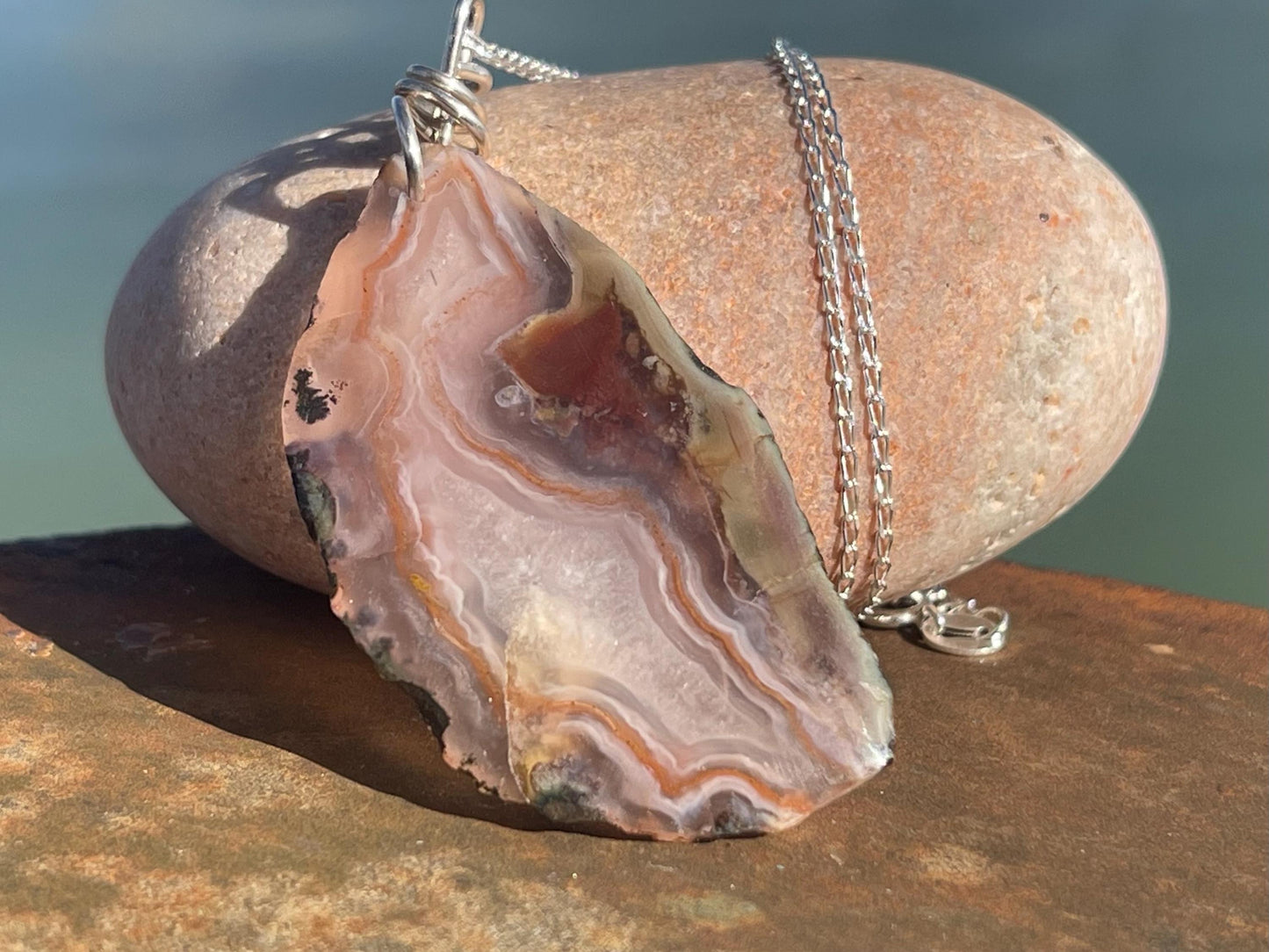 Agate necklace, ethical jewellery, bohemian necklace, unusual jewellery, agate pendant, white gemstone necklace. Boho jewellery