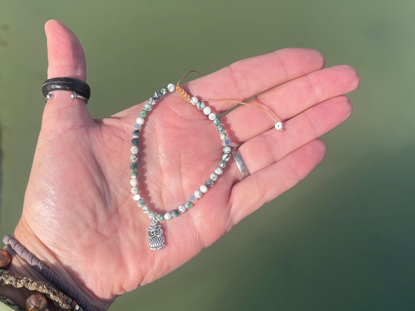 Adjustable moss agate gemstone bracelet. Handmade unique jewellery. Owl beacelet. Owl jewellery. Moss agate jewellery. Moss agate bracelet.